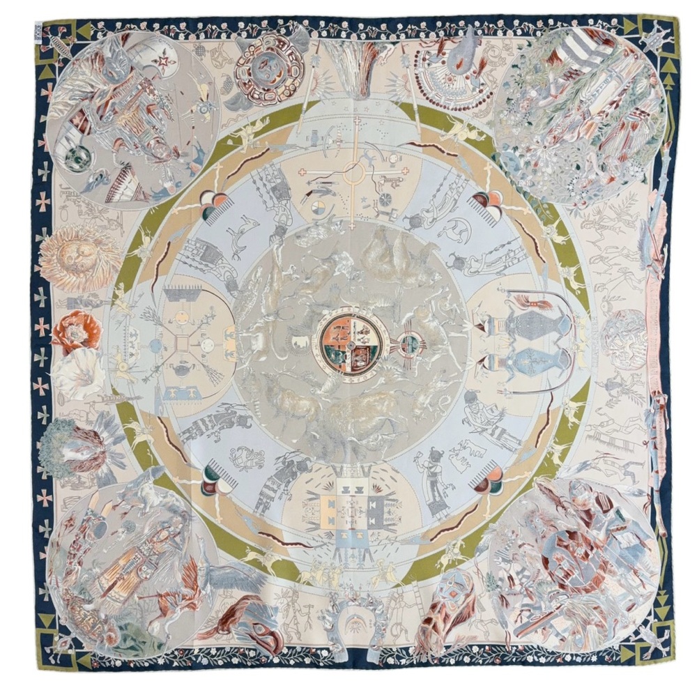 HERMÈS Les Mythologies des Hommes Rouges Scarf 90 Silk Carre with Box - Picture 8 of 12